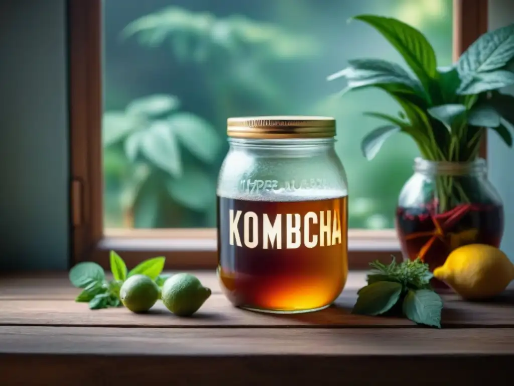 Jarra de kombucha burbujeante en mesa de madera con ingredientes frescos, bañada por la luz solar