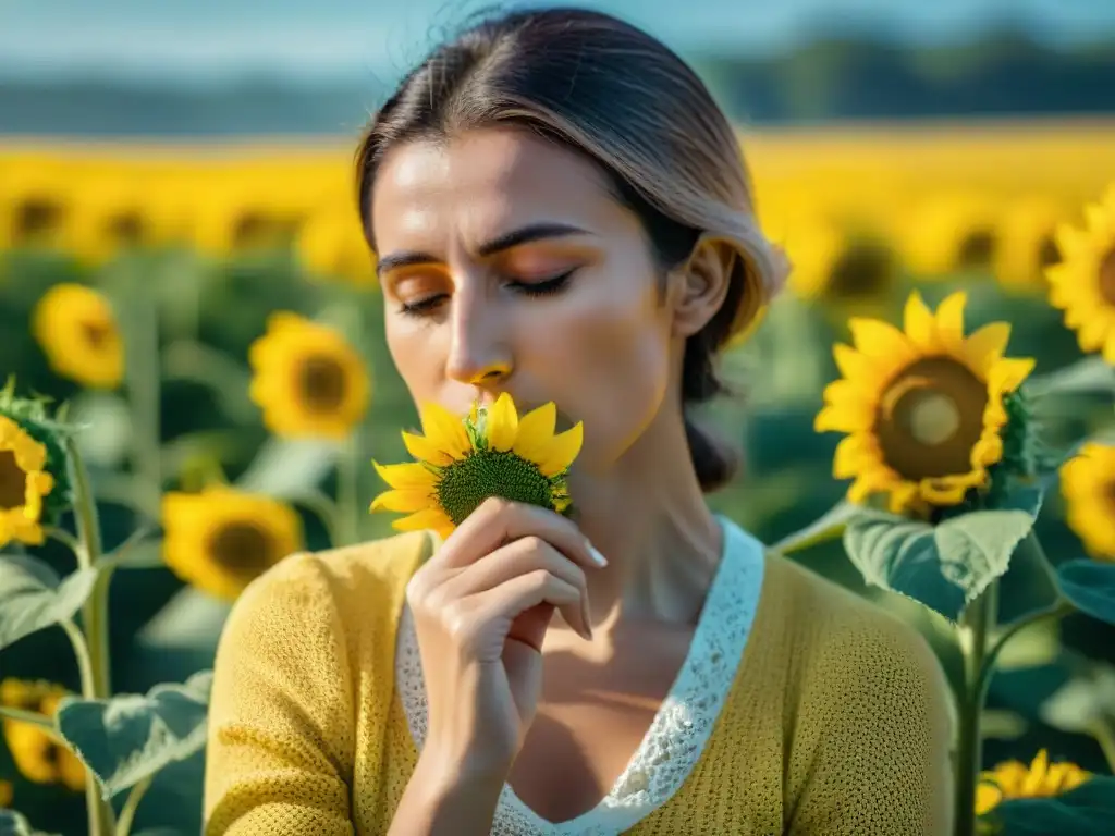 Una joven con alergias estacionales en Uruguay disfruta de un campo de girasoles, destacando la prevención alergias estacionales en Uruguay