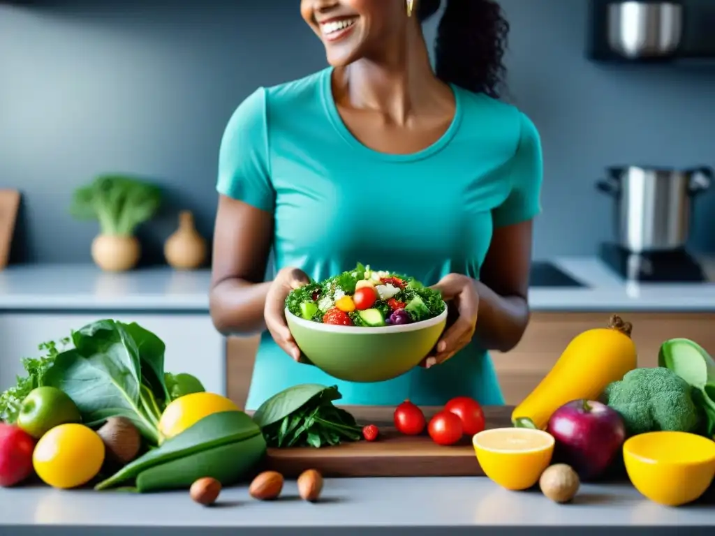 Joven preparando ensalada colorida en cocina moderna