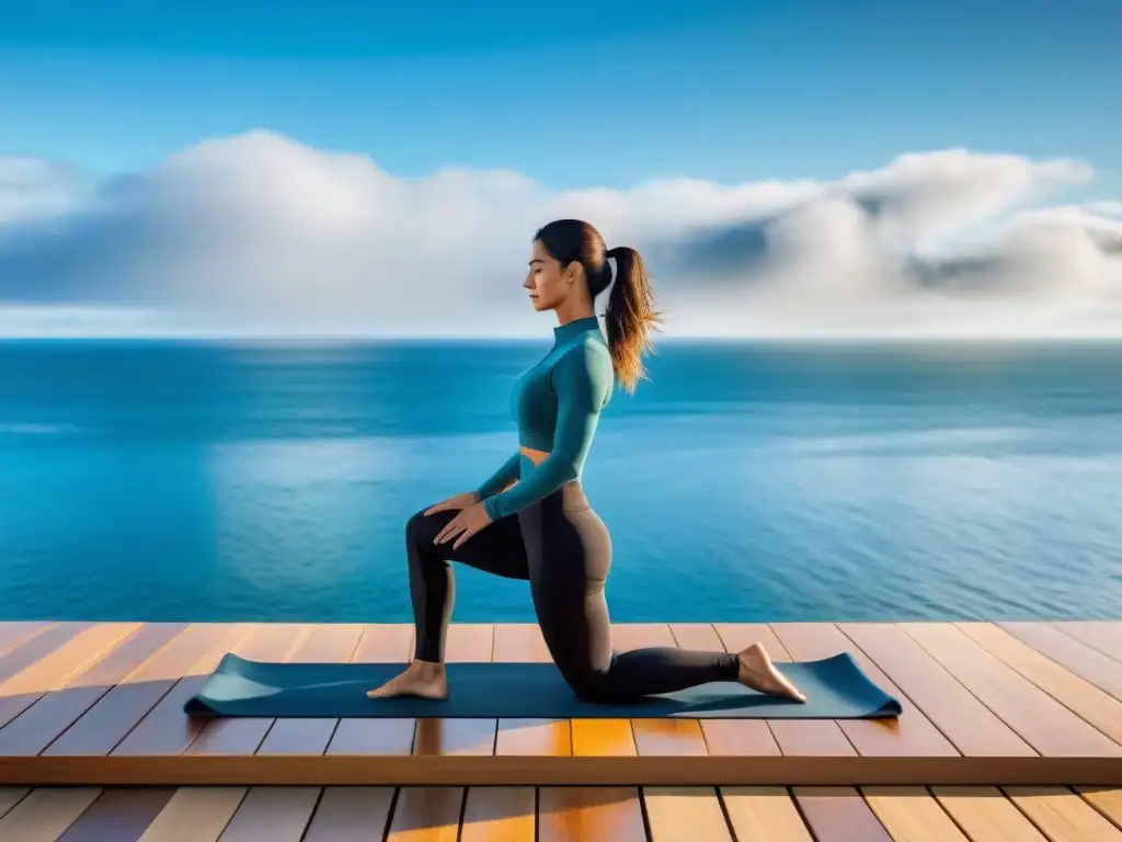 Una joven practica Pilates en la Costa de Uruguay, con vista al mar