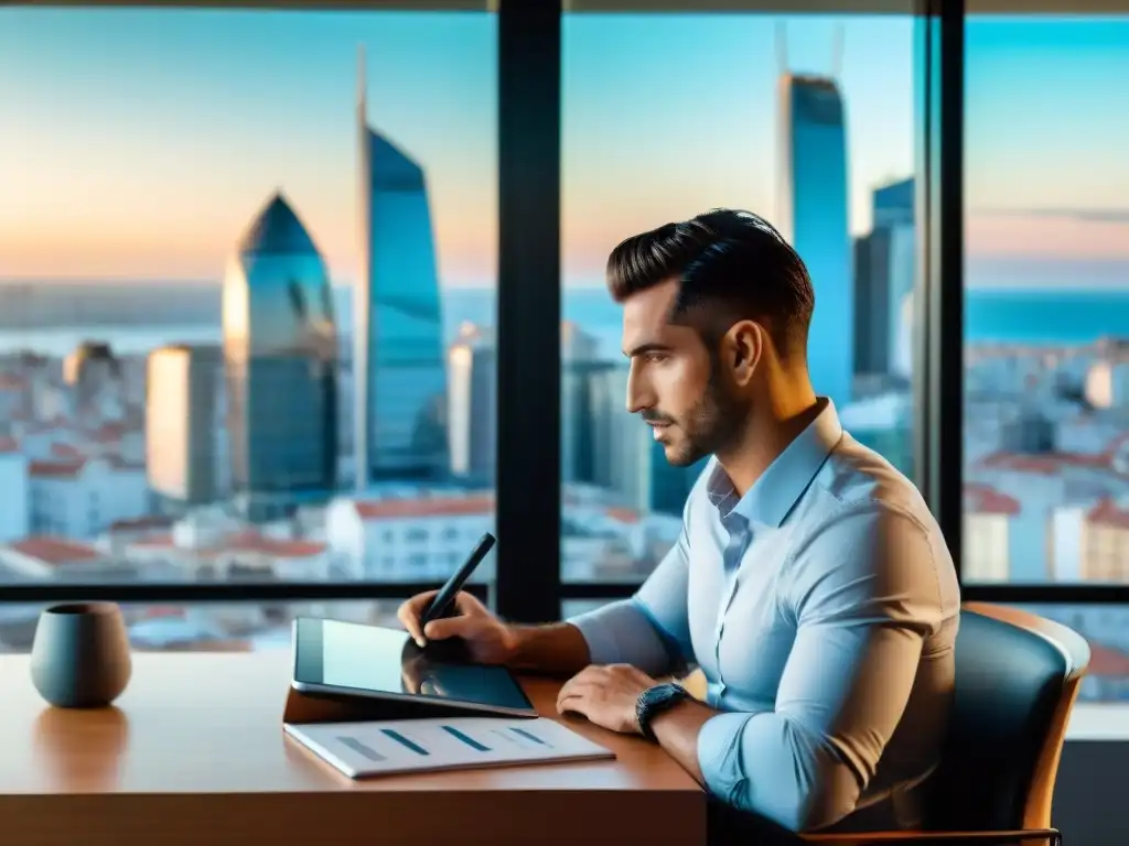 Joven profesional uruguayo concentrado en gestión financiera personal en Uruguay, en moderna oficina con vista panorámica a Montevideo