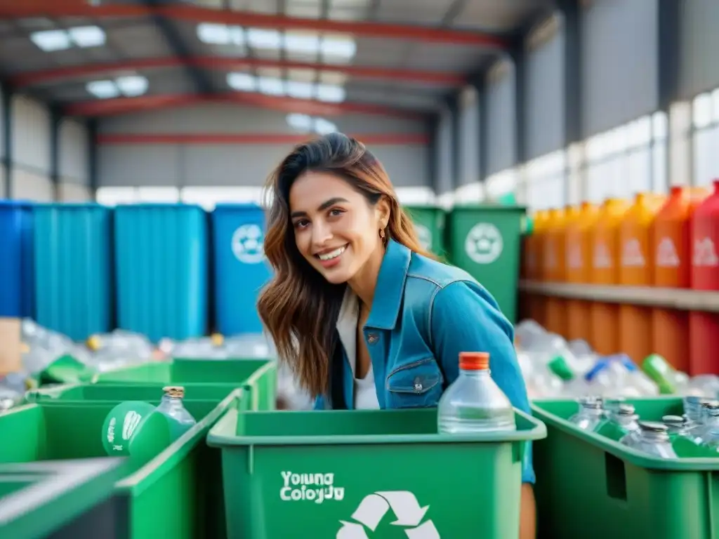 Una joven uruguaya recicla feliz en un centro moderno, rodeada de contenedores coloridos