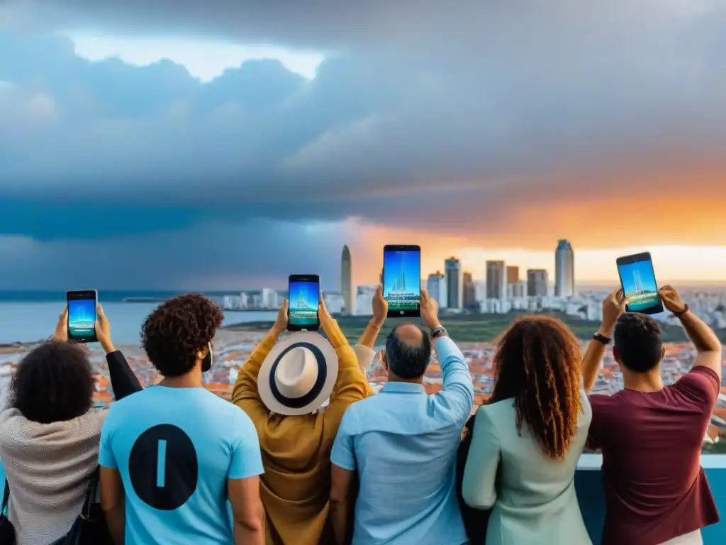 Jóvenes activistas de Uruguay con pancartas digitales frente a Montevideo