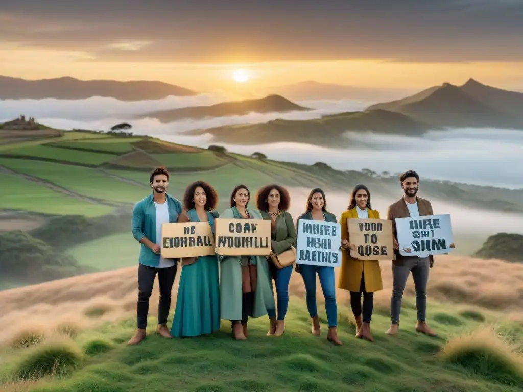 Jóvenes activistas uruguayos unidos por el cambio climático, con mensajes ambientales y determinación al atardecer