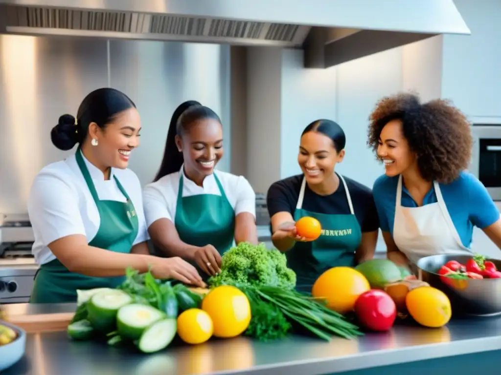 Jóvenes aprendiendo a cocinar con alegría y variedad de alimentos frescos en programa educativo de bienestar integral en Uruguay