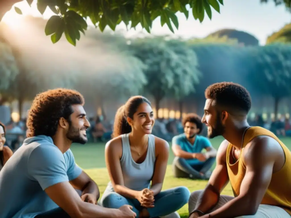 Jóvenes apasionados de Uruguay empoderándose en un parque comunitario, compartiendo ideas bajo un árbol al atardecer