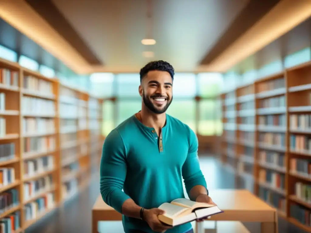 Jóvenes estudiantes sonrientes estudian juntos en una biblioteca universitaria moderna y colorida, con luz natural, creando un ambiente académico acogedor e inspirador