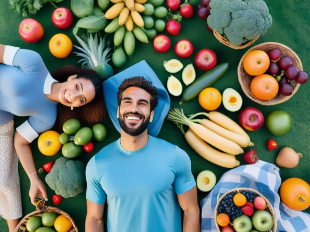 Diversos jóvenes felices y saludables de Uruguay disfrutan de actividades al aire libre rodeados de alimentos saludables