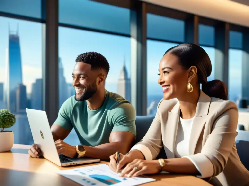 Jóvenes parejas planificando su futuro financiero en moderno escritorio, con vista a la ciudad