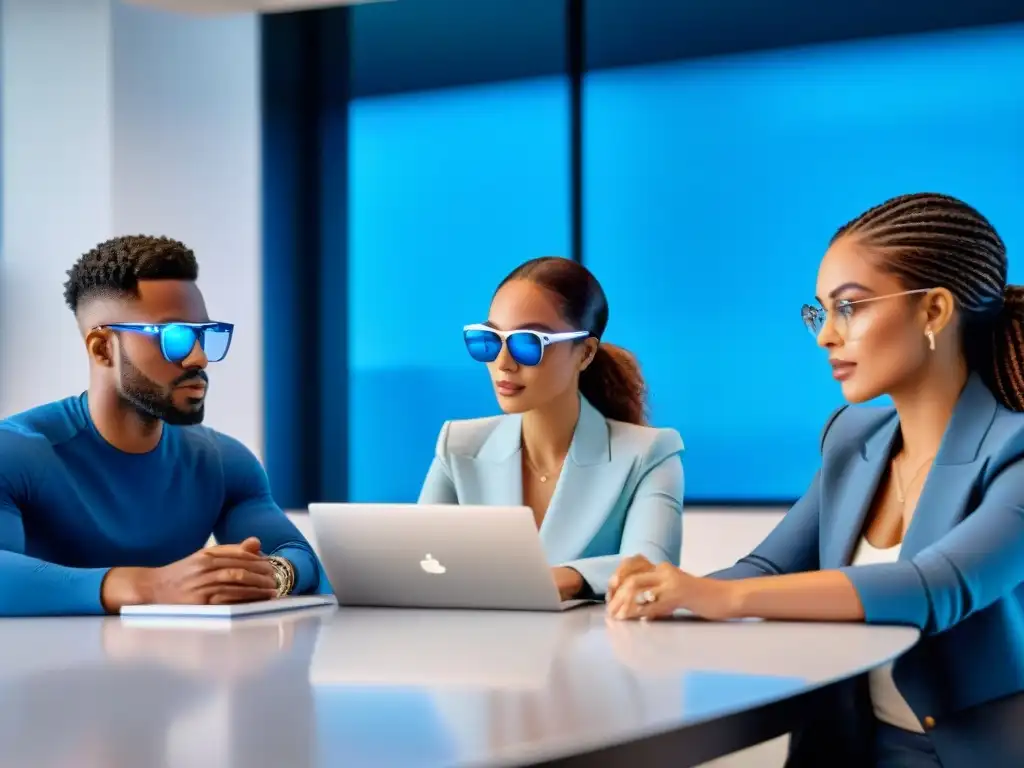 Jóvenes profesionales con estilo, usando gafas que bloquean la luz azul en una oficina moderna