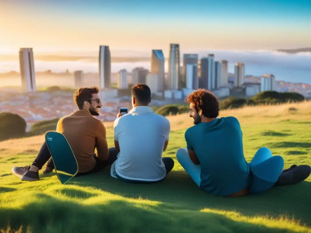 Jóvenes en Uruguay disfrutan de una tarde en la colina, combinando tecnología y cultura