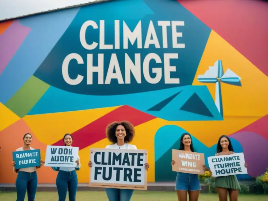 Jóvenes uruguayos activistas con pancartas sobre cambio climático frente a mural colorido de futuro sostenible