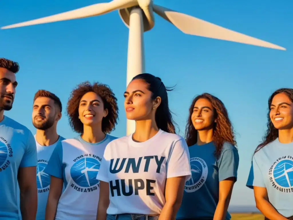 Jóvenes uruguayos unidos frente al cambio climático, debatiendo ideas bajo el sol poniente cerca de un aerogenerador