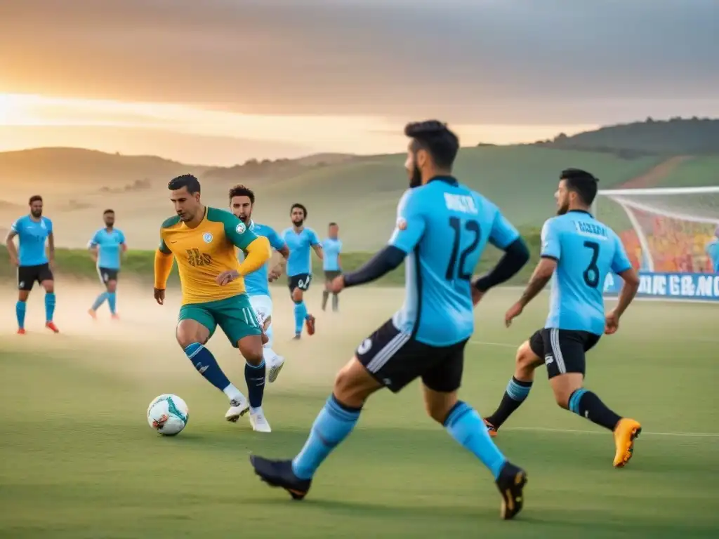 Juego de fútbol amistoso en campo soleado en Uruguay, rodeado de murales de unidad y con puesta de sol sobre colinas