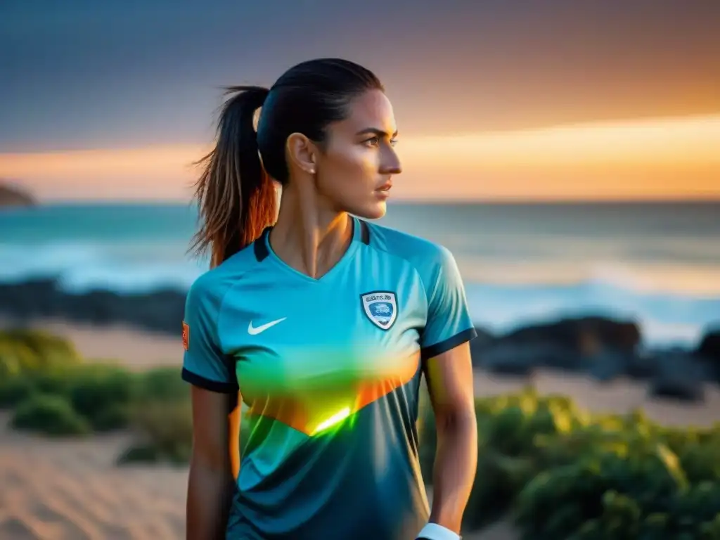 Jugadora de fútbol con dispositivo wearable en la muñeca en la costa de Uruguay al atardecer, destacando la prevención de lesiones deportivas