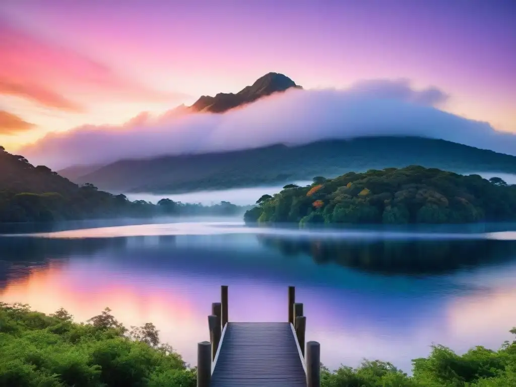 Un lago tranquilo rodeado de bosques verdes, con un amanecer colorido reflejado en el agua cristalina