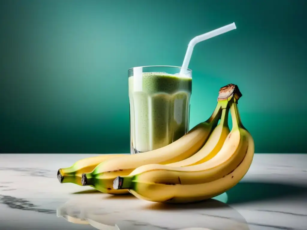 Un licuado de banana saludable y delicioso en vaso moderno, con rodajas de banana, semillas de chía y menta, sobre encimera de mármol