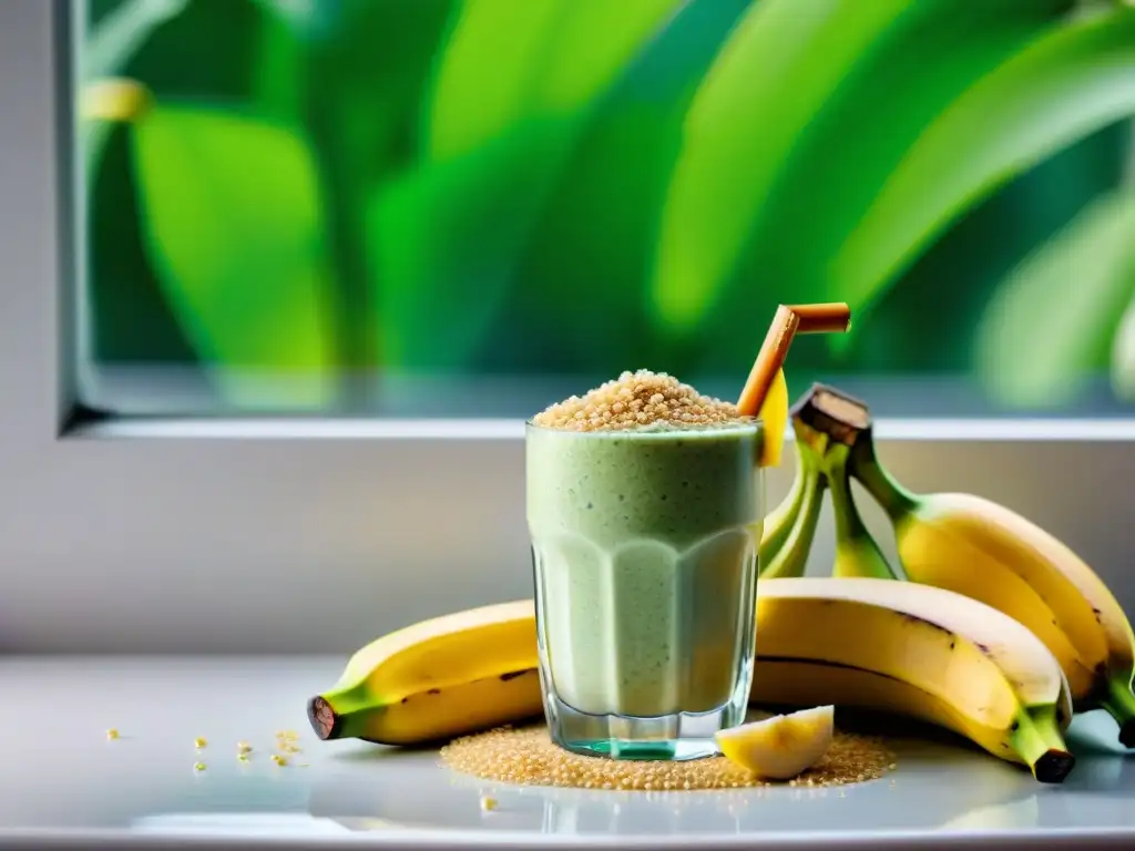 Licuado de banana saludable en vaso moderno sobre hojas verdes, rayos de sol