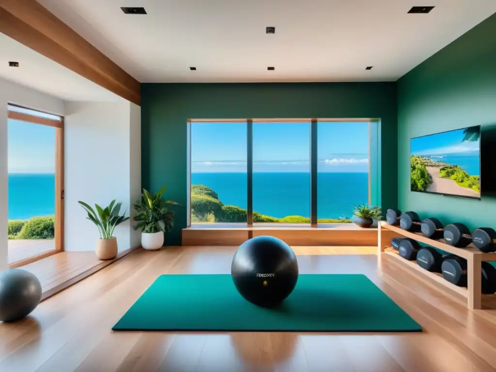 Un lujoso gimnasio en casa en Uruguay con equipamiento de última generación y vista al mar, ideal para mejorar tu bienestar