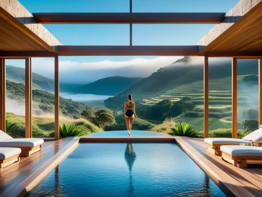 Un lujoso spa en las colinas de Rivera, Uruguay, con jacuzzis al aire libre rodeados de vegetación, montañas y cielo azul