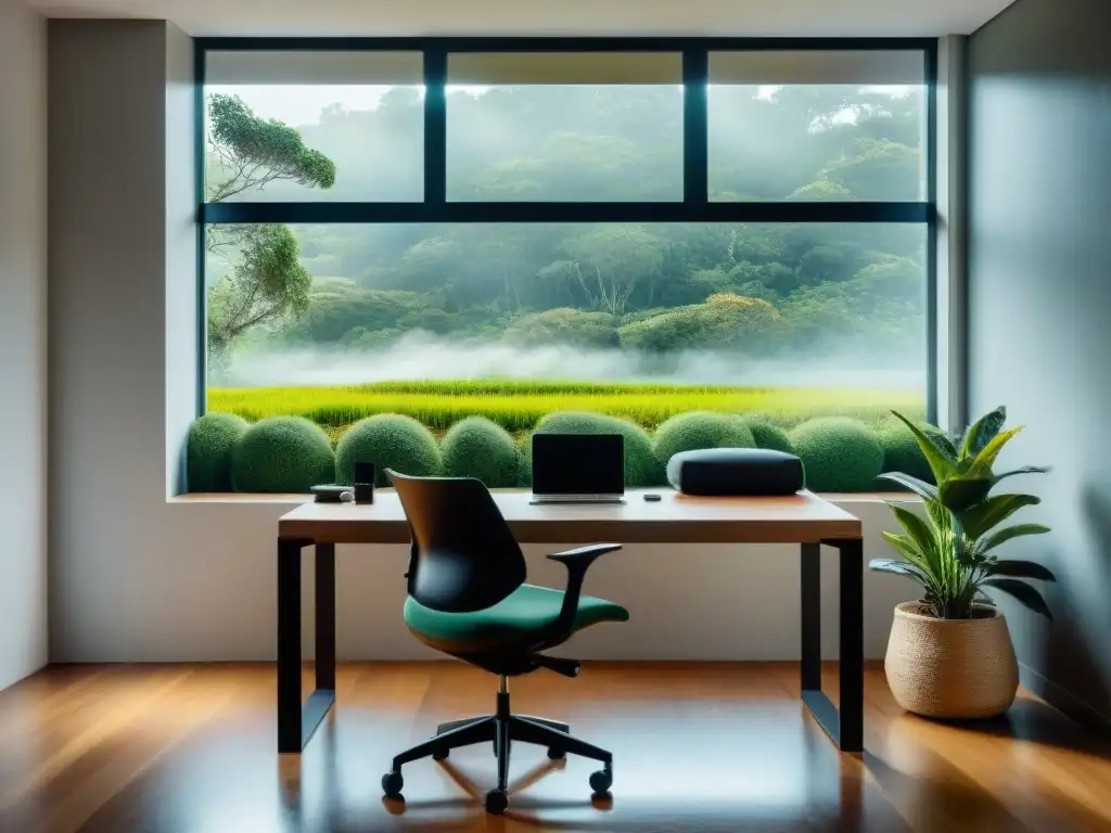 Luminosa oficina en Uruguay: escritorio elegante, silla ergonómica, vista verde, laptop y planta