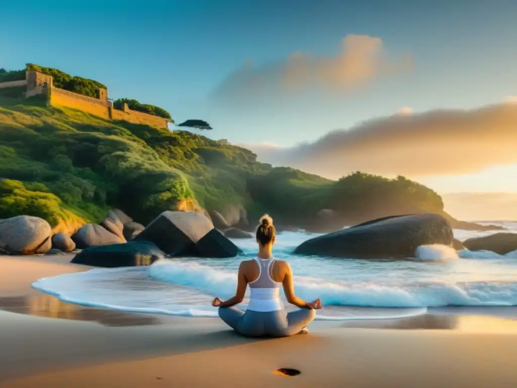 Un mágico atardecer en la playa de Uruguay con una sesión de yoga, transmitiendo paz y armonía en el turismo saludable Uruguay