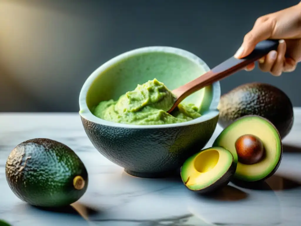 Majestuoso aguacate verde siendo triturado en un mortero de mármol, ideal para mascarillas naturales para piel uruguaya