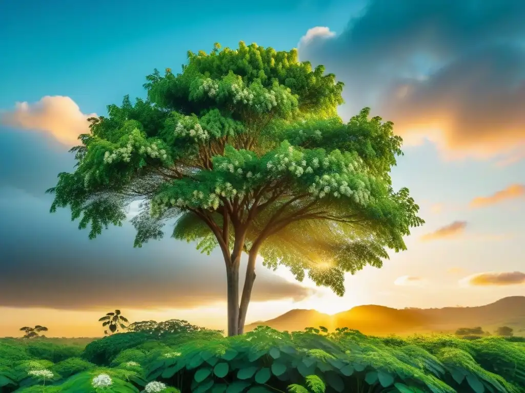 Un majestuoso árbol de Moringa en Uruguay al atardecer, simbolizando bienestar integral y los beneficios de la planta