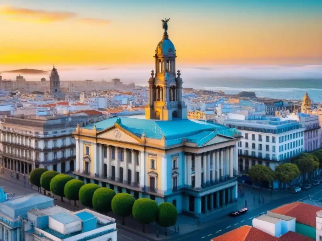 El majestuoso Palacio Salvo en Montevideo, Uruguay, resplandece al atardecer