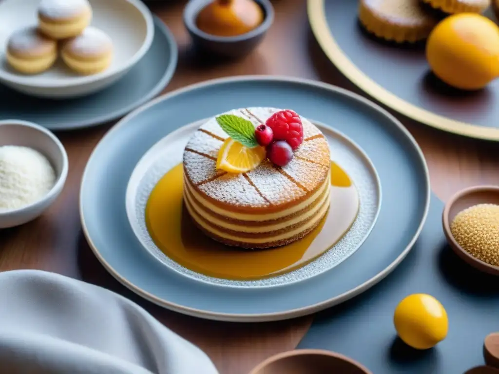 Un majestuoso plato de postres tradicionales uruguayos reinventados con ingredientes saludables, en un entorno moderno y sofisticado