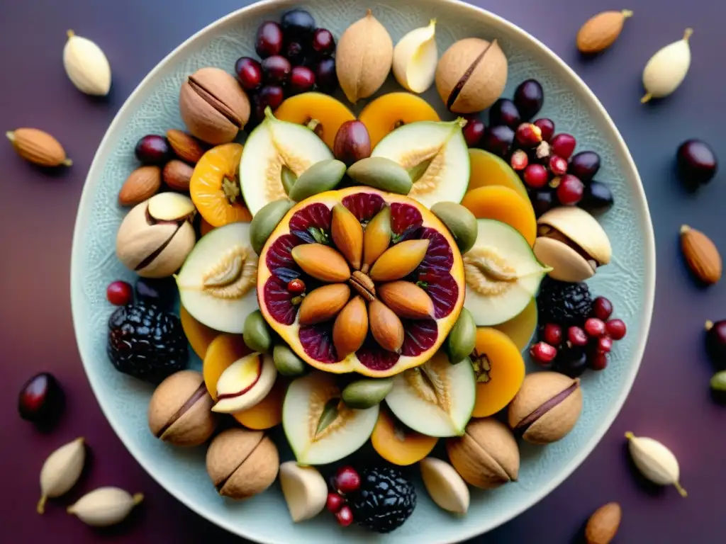 Un mandala de frutos secos y frutas secas exhibiendo sus colores y texturas, evocando los beneficios de los frutos secos