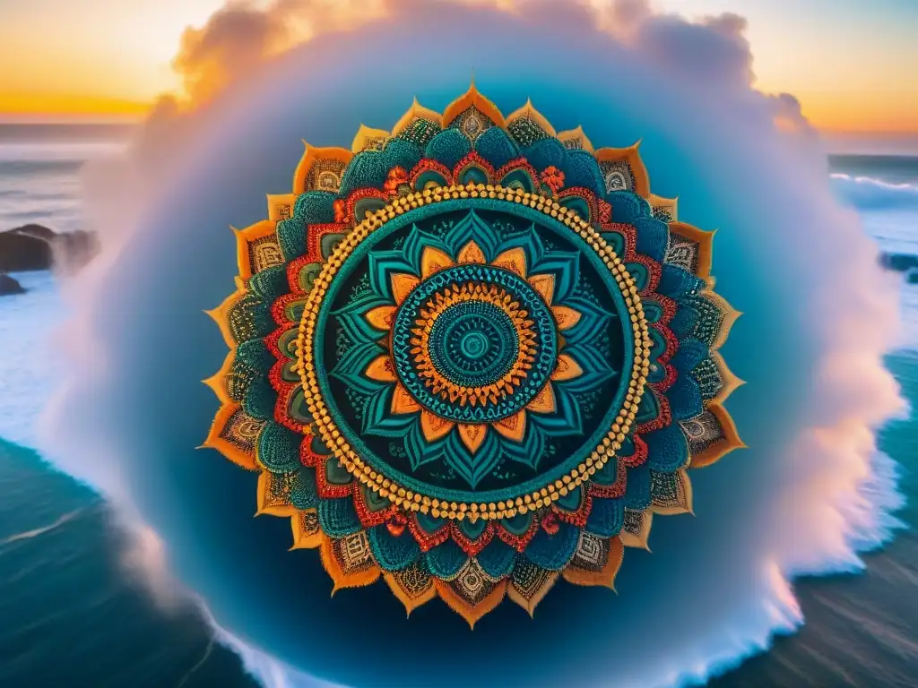 Un mandala vibrante y detallado en la playa al atardecer, evocando equilibrio y armonía