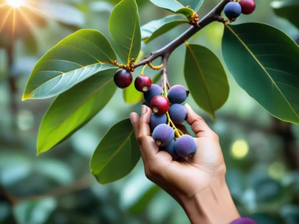 Mano recolectando bayas de camu camu en la exuberante selva uruguaya