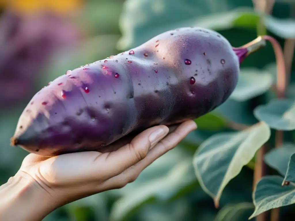 Mano sosteniendo camote morado brillante de Uruguay