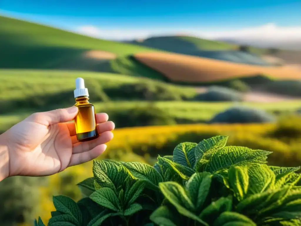 Mano presionando gotero con aceite uruguayo en paisaje verde y soleado