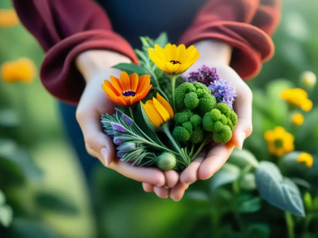 Mano sostiene ramillete de flores y hierbas orgánicas, bañadas por luz solar