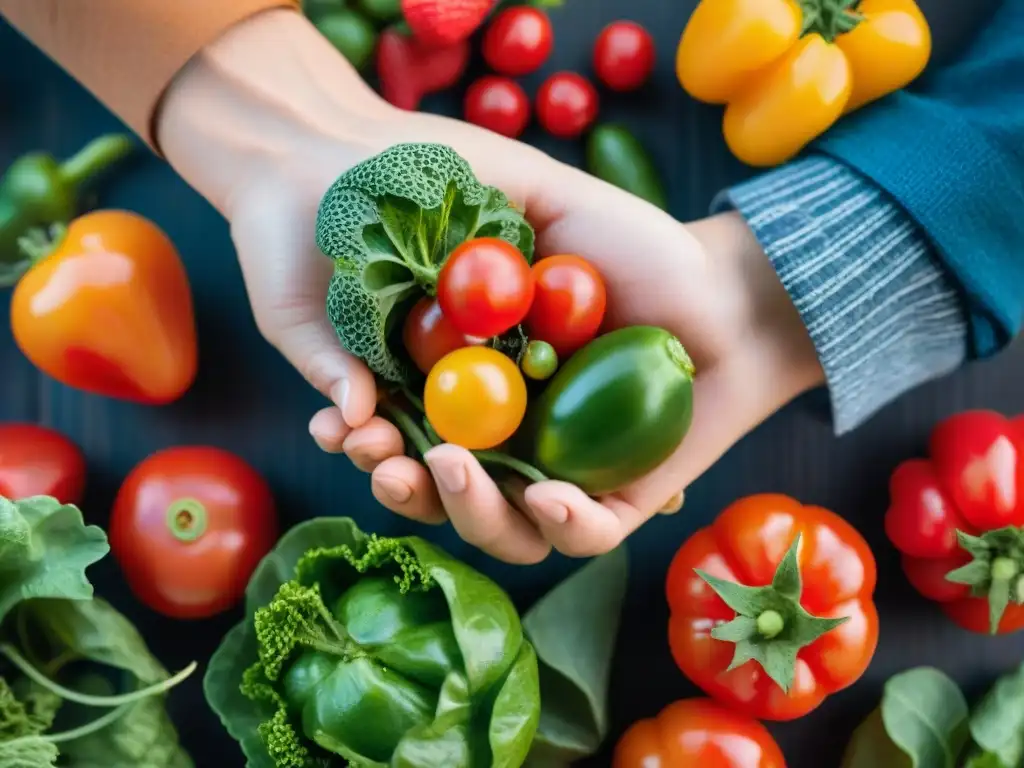 Una mano sostiene una variedad de frutas y verduras coloridas, fomentando hábitos sostenibles en Uruguay