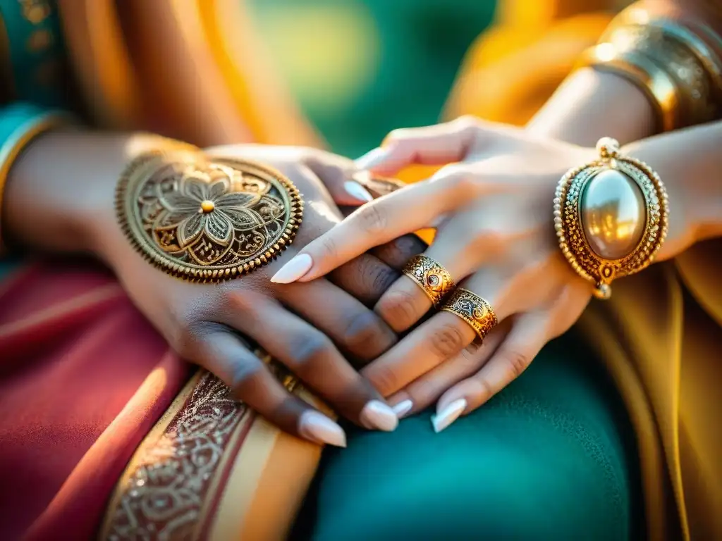 Manos entrelazadas con anillo de bodas y diseño de henna, simbolizando amor y unidad