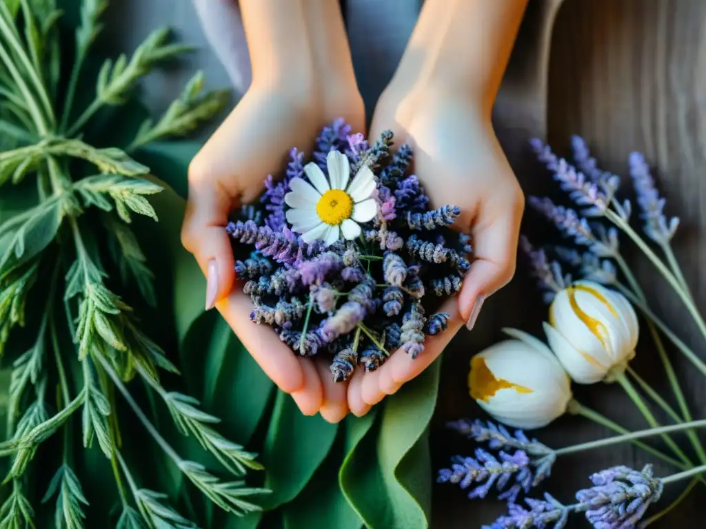 Manos femeninas sostienen ingredientes botánicos para productos belleza natural Uruguay