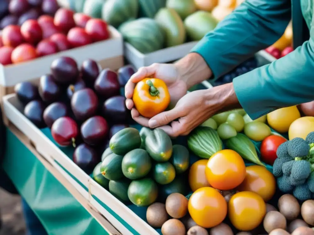 Manos seleccionando frutas y verduras en mercado uruguayo