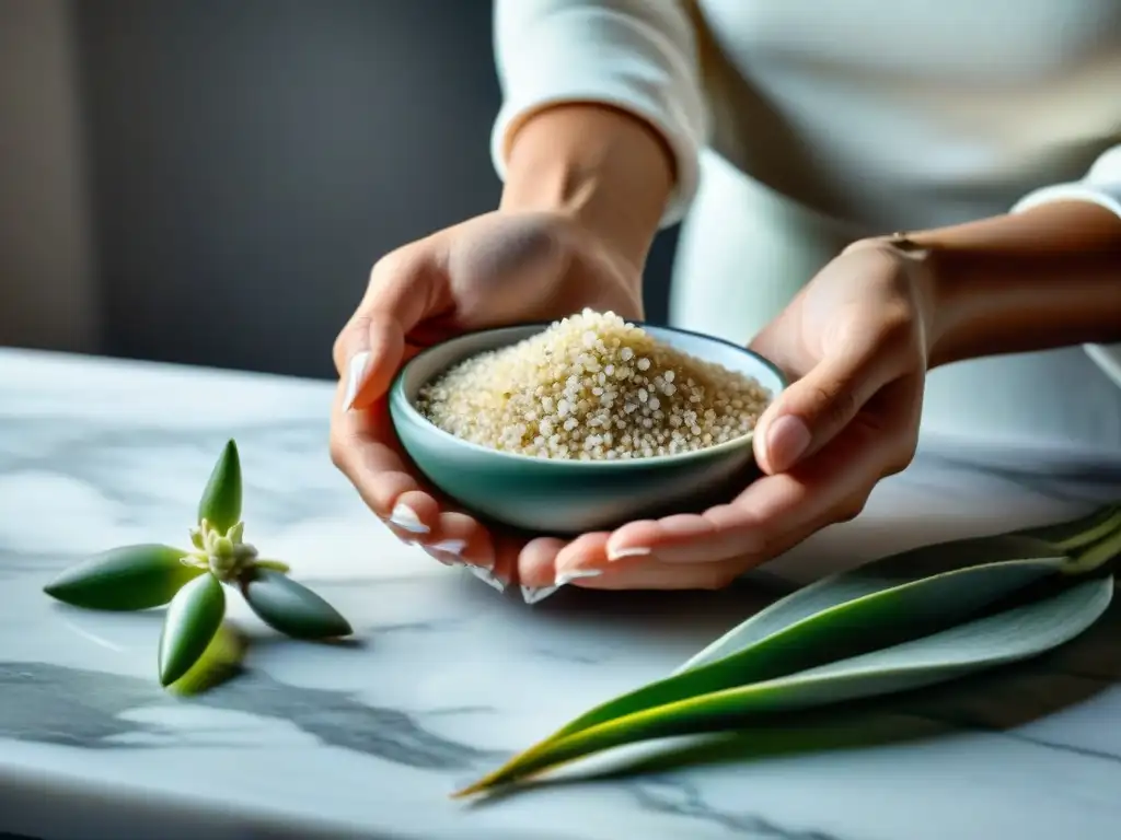 Manos creando mascarilla capilar con ingredientes uruguayos en elegante encimera de mármol