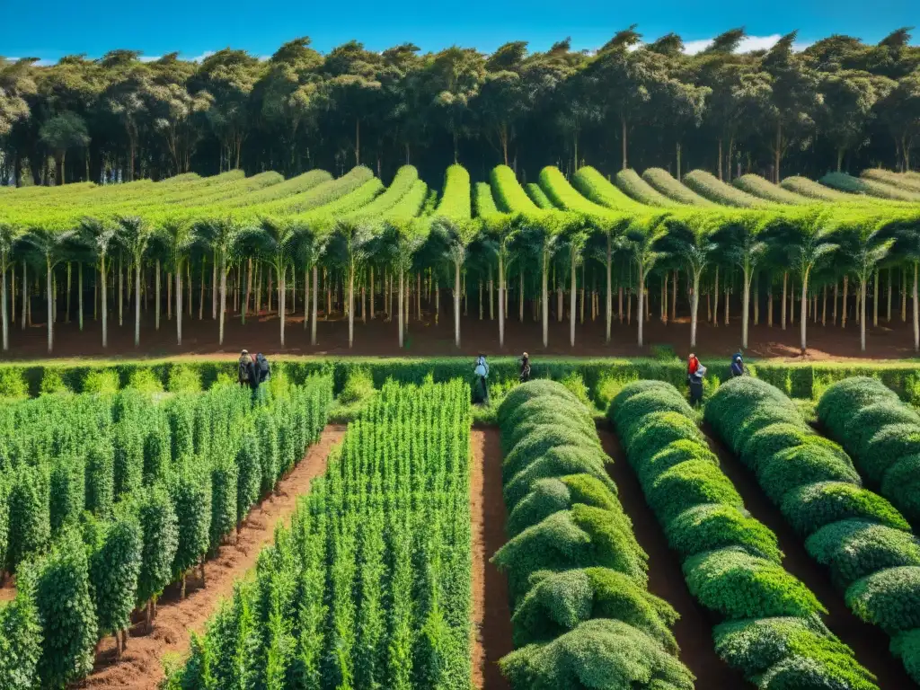 Plantación de mate en Uruguay, trabajadores cosechando en un día soleado