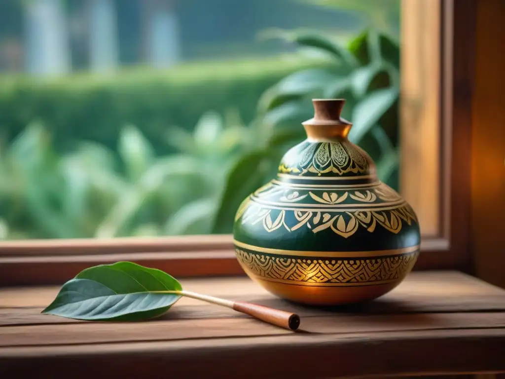 Una mate gourd uruguaya tradicional rodeada de hojas de yerba mate verde, una bombilla y un termo en una mesa de madera rústica, iluminada por el sol