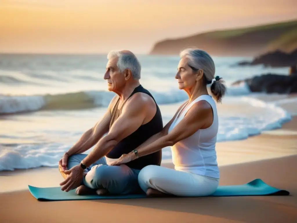 Un matrimonio de ancianos practica yoga en la playa al atardecer en Uruguay, irradiando vitalidad y paz