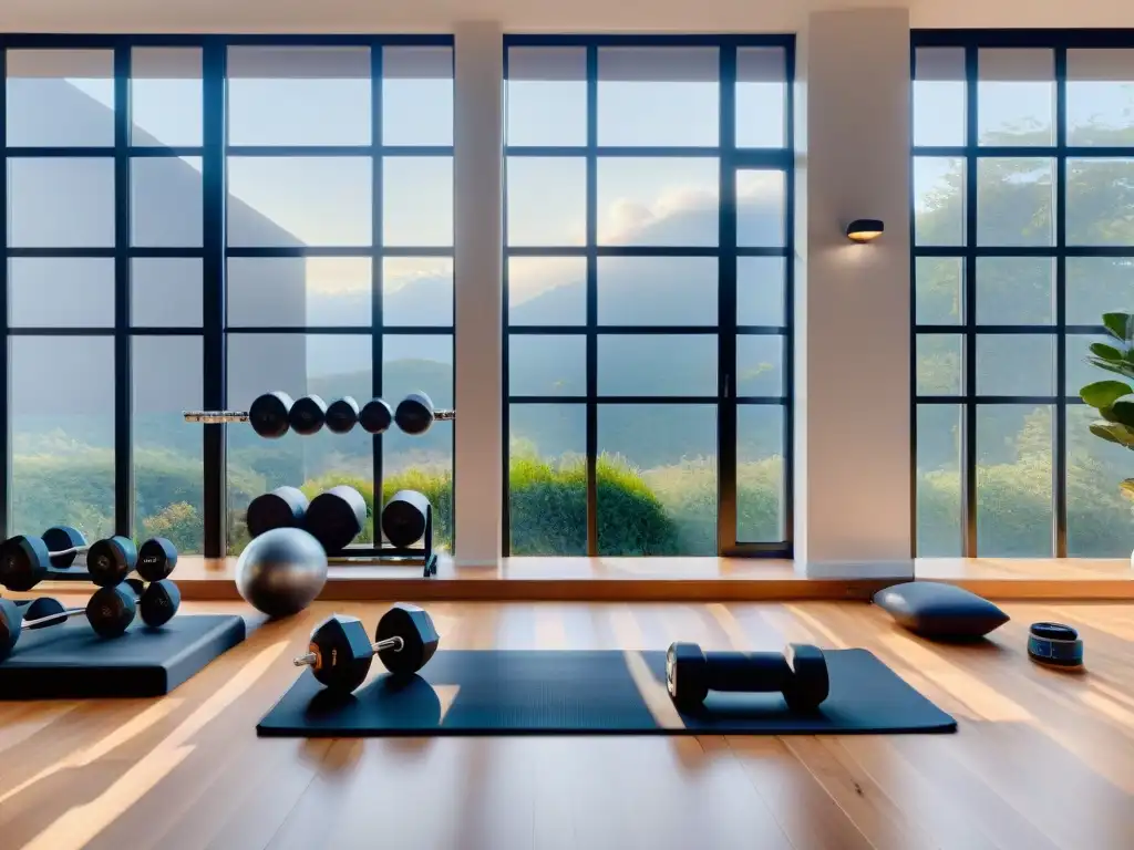 Espacio fitness moderno en casa: motivación y estilo Mejores accesorios gimnasio entrenamiento casa: Gimnasio casero moderno con pesas, bandas de resistencia, tapete de yoga y auriculares inalámbricos
