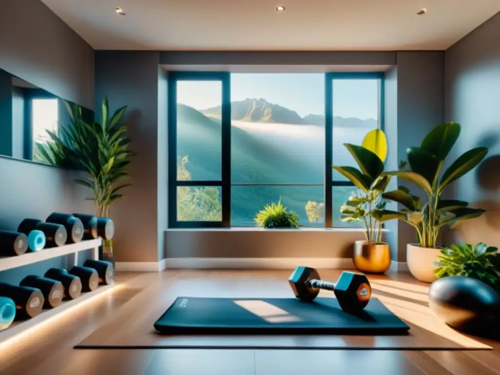 Modern home gym: equipo de alta gama en imagen 8k Mejores accesorios gimnasio entrenamiento casa: moderno gym en casa con equipo de alta gama, espejo grande y plantas
