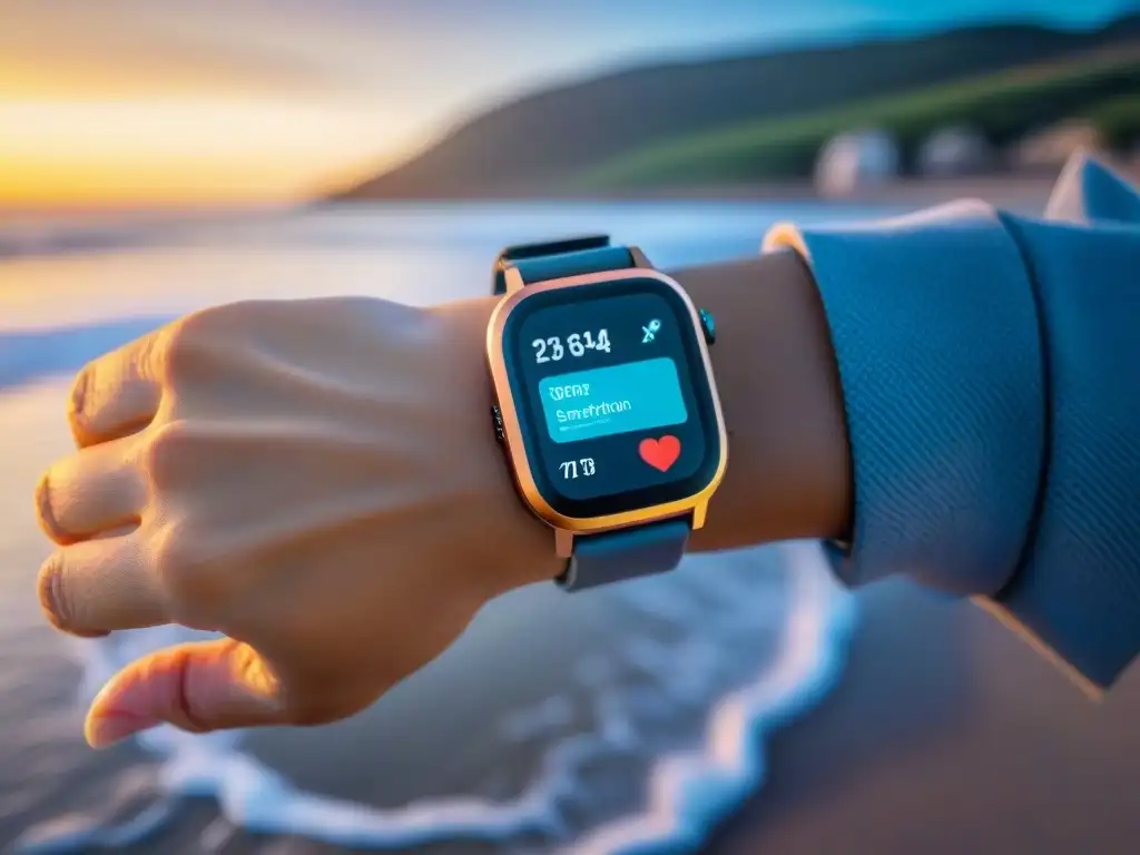 Mejores wearables salud Uruguay: Smartwatch moderno en la playa al atardecer, fusionando tecnología y bienestar