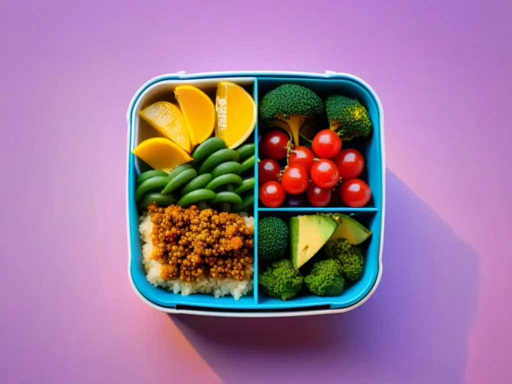 Menú saludable para trabajadores en Uruguay: Bento box vibrante con comida variada y colorida, en un fondo minimalista iluminado