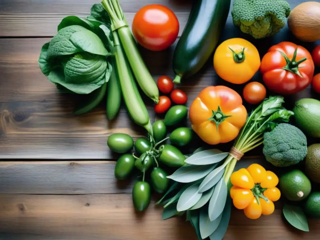 Un menú semanal saludable en Uruguay: variedad de frutas y verduras frescas en una mesa de madera, resaltando colores y frescura