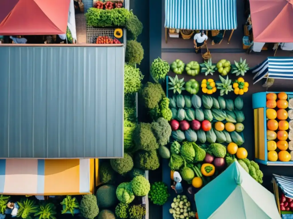 Un mercado agitado en Montevideo, Uruguay, con productos frescos, artesanías y Consumo responsable en Uruguay